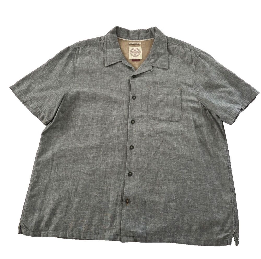 Fat Face Men's Shirt Regular Fit Gray Linen with Cotton Short Sleeve Collared XL